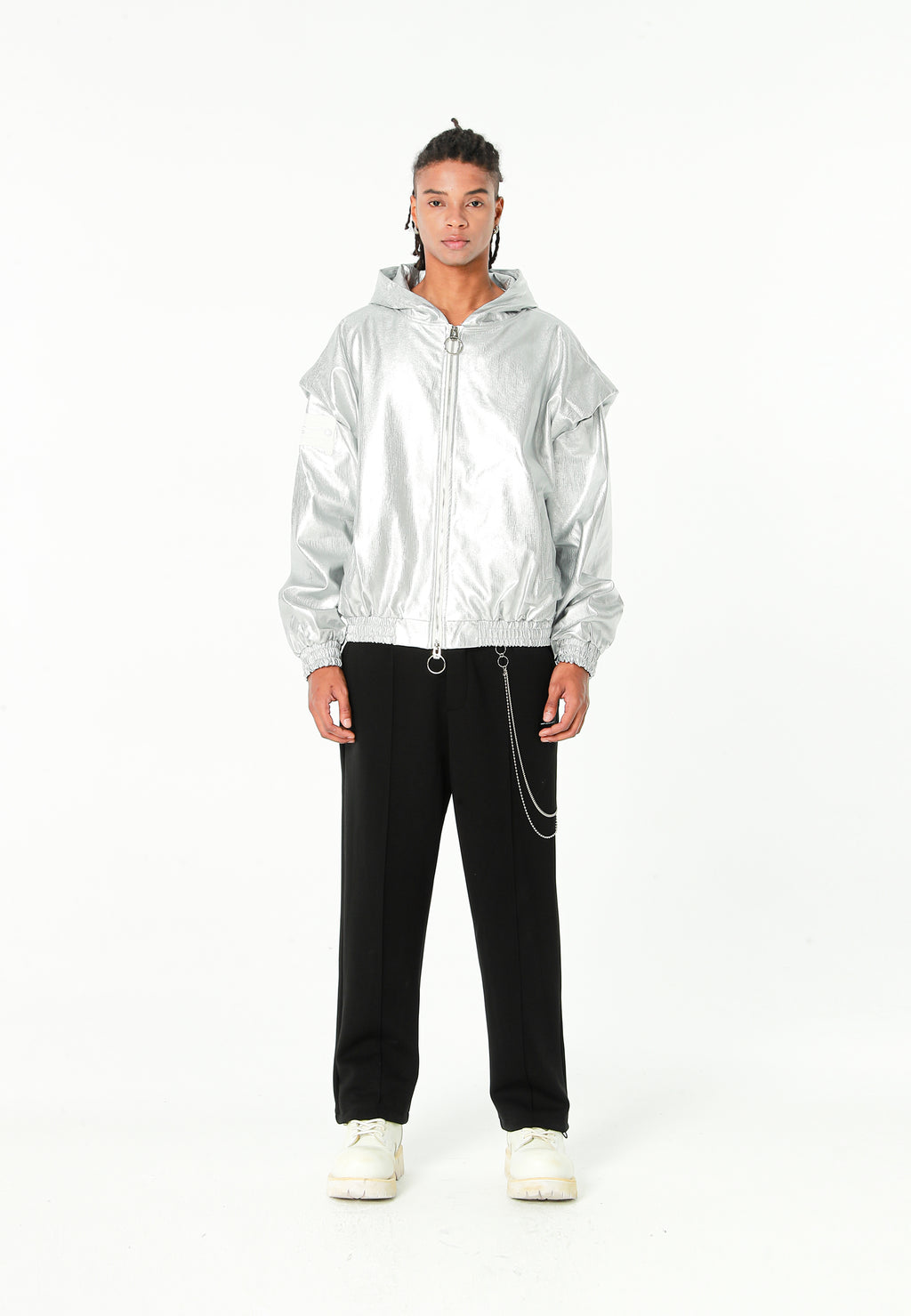 Chaqueta Bomber efecto piel con capucha y hombreras | MWM [PS_COLORS:SILVER]