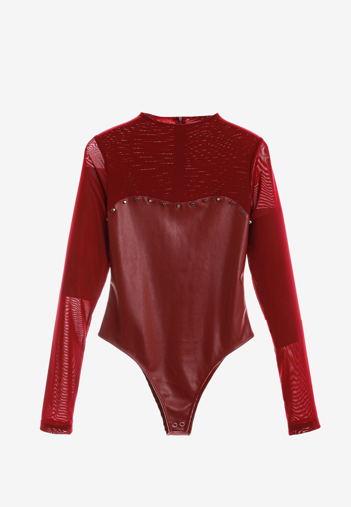 Body ajustado de manga larga con polipiel, tul y tachuelas metálicas | MWM [PS_COLORS:BURGUNDY]