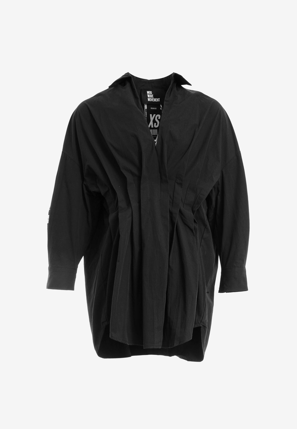 Camisa básica de mujer con corte asiático, pliegues y escote | MWM [PS_COLORS:BLACK]