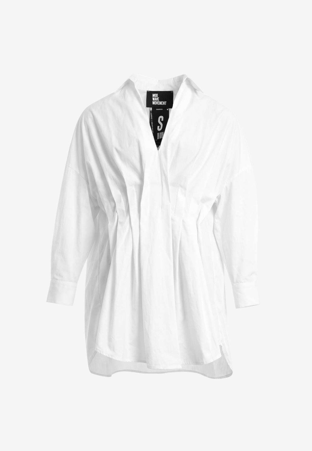 Camisa básica de mujer con corte asiático, pliegues y escote | MWM [PS_COLORS:WHITE]