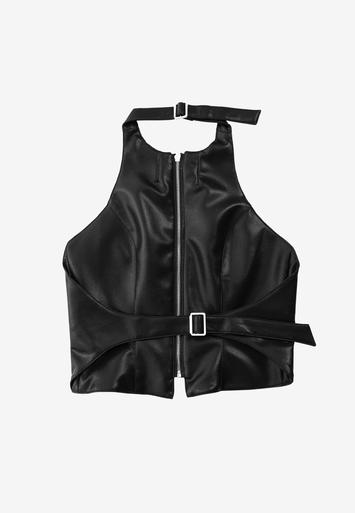 Top ajustado efecto piel con cremallera frontal y espalda abierta | MWM [PS_COLORS:BLACK]