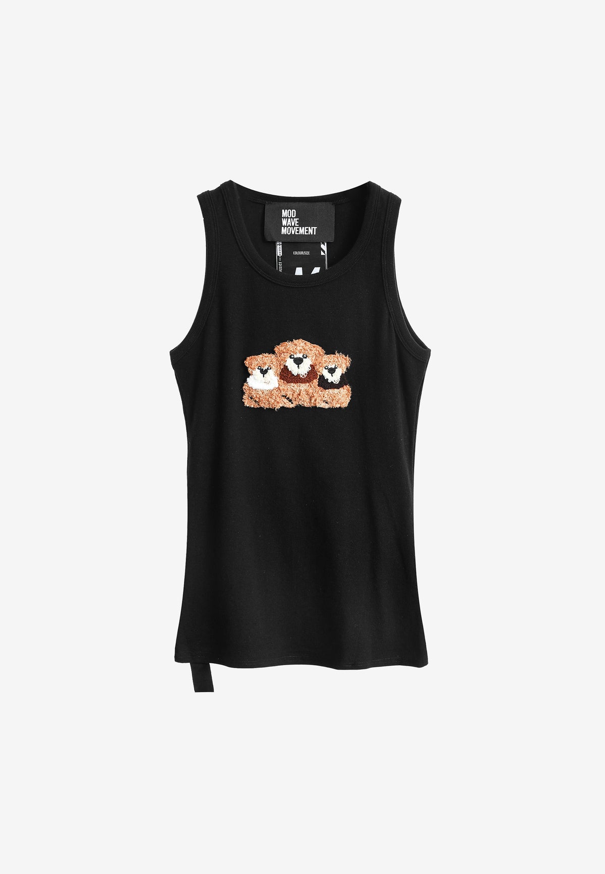 Top de mujer TEDDY ajustado de tirantes con parche Teddy de peluche en el frontal | MWM [PS_COLORS:BLACK]