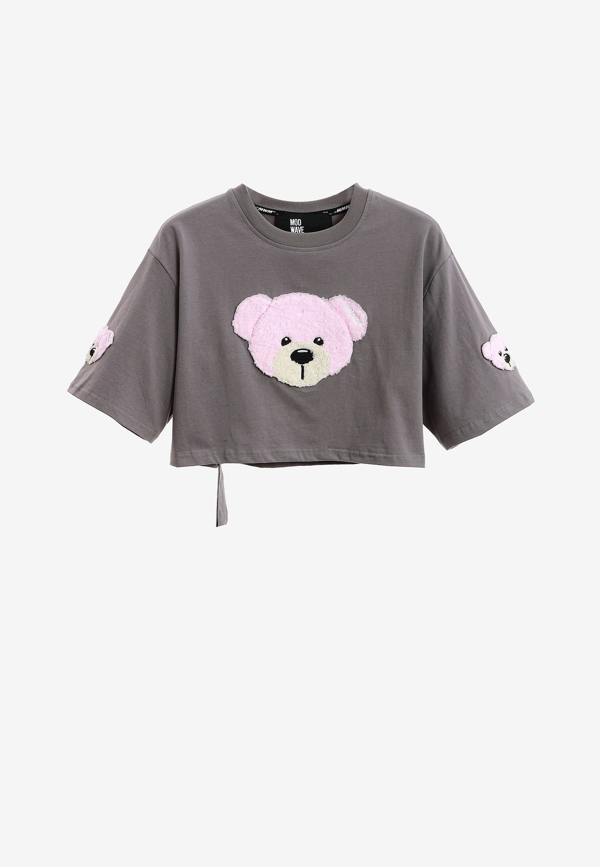Camiseta de mujer TEDDY Mike Bag corta con gran parche frontal y detalles en mangas | MWM [PS_COLORS:GREY]