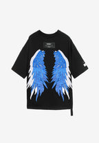 Camiseta Wings de corte relajado con estrellas frontales y doble parche de alas en la espalda | MWM [PS_COLORS:BLACK BLUE]