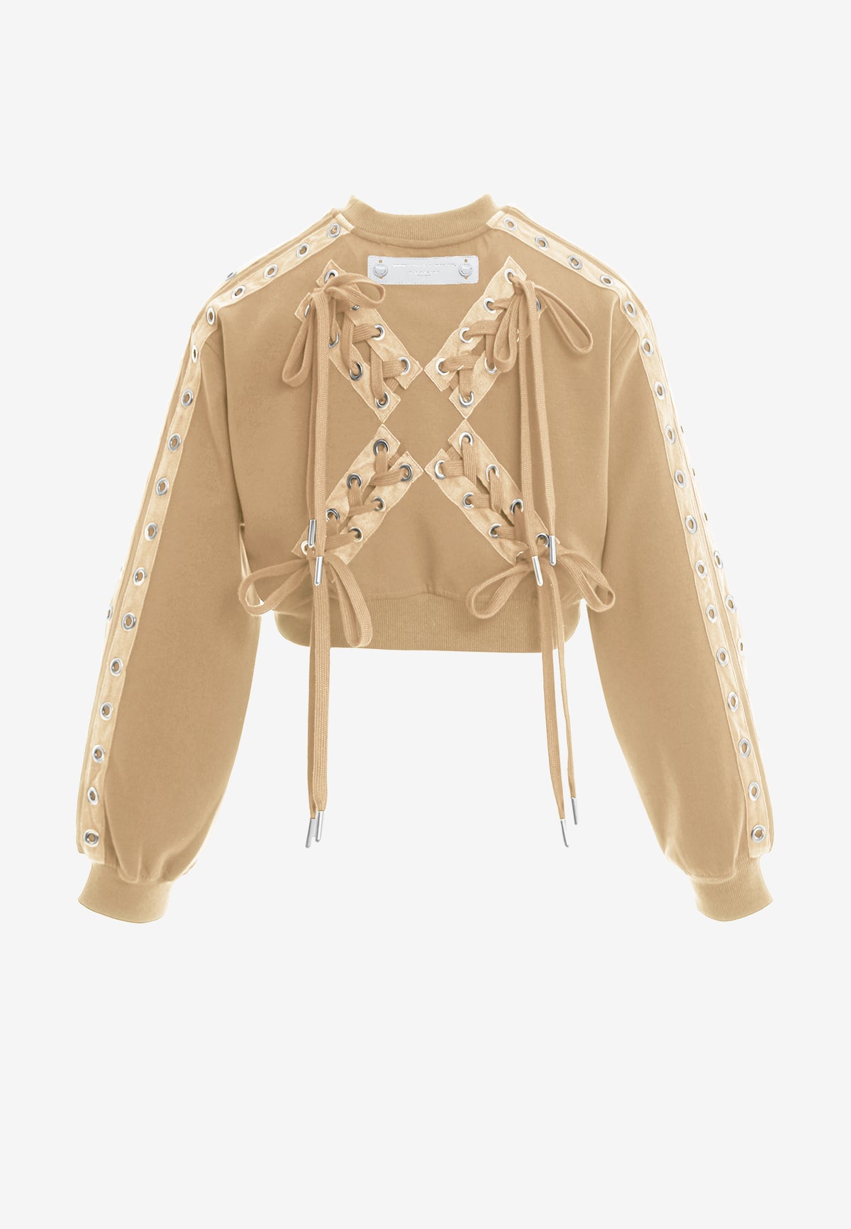 Sudadera corta con cordones en mangas y X de cordones cruzados | MWM [PS_COLORS:BEIGE]