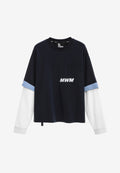Camiseta de doble capa con manga larga de camisa y bolsillo frontal | MWM [PS_COLORS:NAVY]