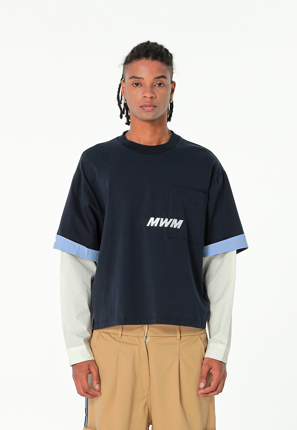 Camiseta de doble capa con manga larga de camisa y bolsillo frontal | MWM [PS_COLORS:NAVY]
