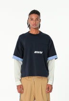 Camiseta de doble capa con manga larga de camisa y bolsillo frontal | MWM [PS_COLORS:NAVY]