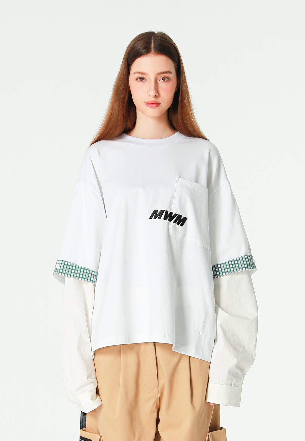 Camiseta de doble capa con manga larga de camisa y bolsillo frontal | MWM [PS_COLORS:WHITE]