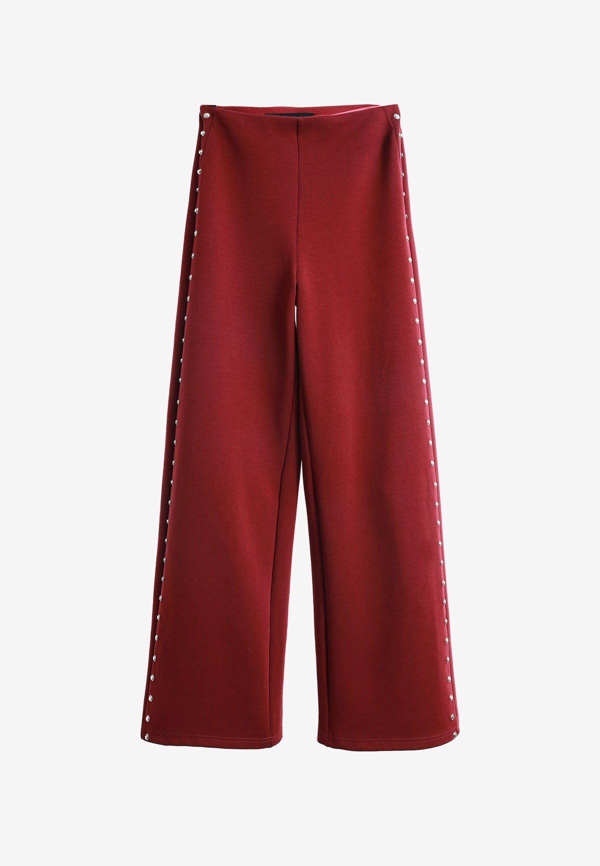Pantalón palazzo de mujer de pierna ancha con efecto faja y tachuelas laterales | MWM [PS_COLORS:BURGUNDY]