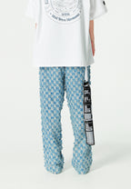 Pantalón de corte recto y relajado en jacquard de chenilla con brillo | MWM [PS_COLORS:BLUE]