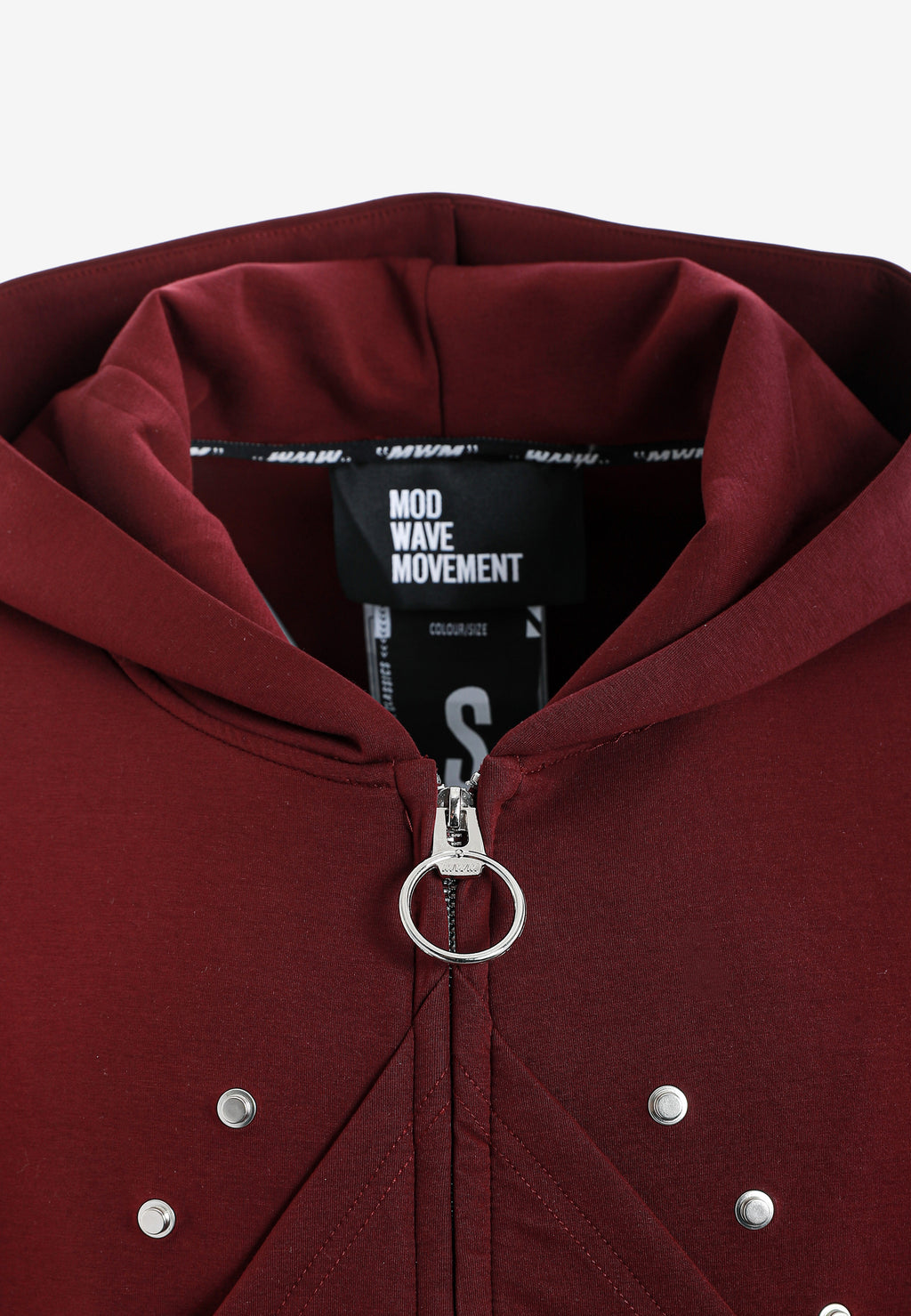 Sudadera con capucha, cremallera frontal, mangas globo y tachuelas metálicas | MWM [PS_COLORS:BURGUNDY]
