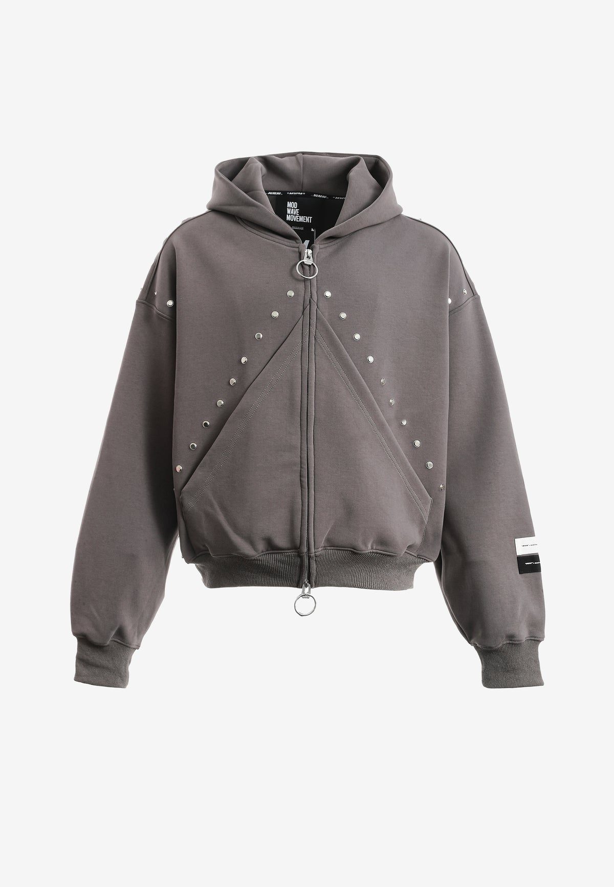 Sudadera con capucha, cremallera frontal, mangas globo y tachuelas metálicas | MWM [PS_COLORS:GREY]