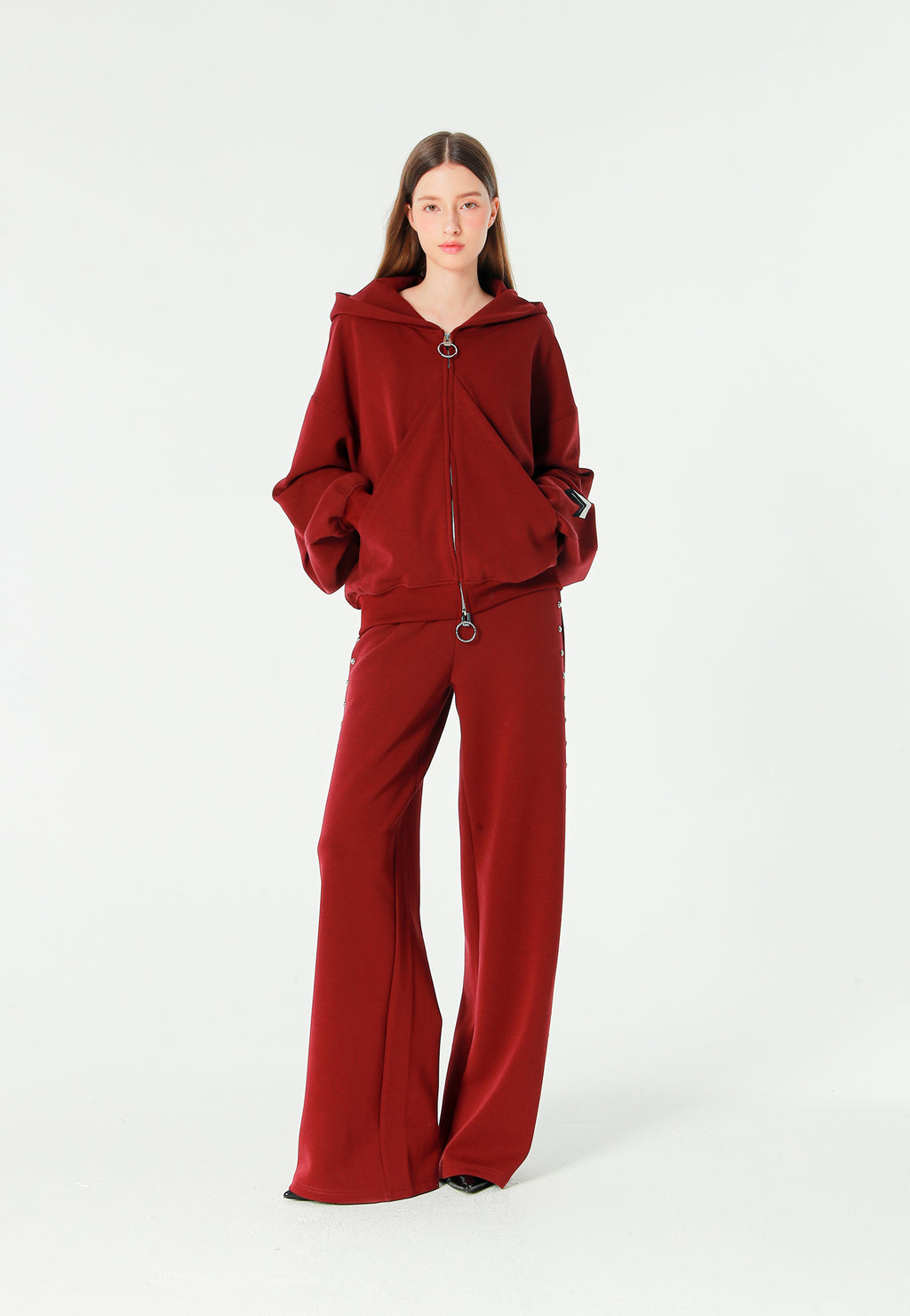 Sudadera con capucha, cremallera frontal y mangas globo | MWM [PS_COLORS:BURGUNDY]