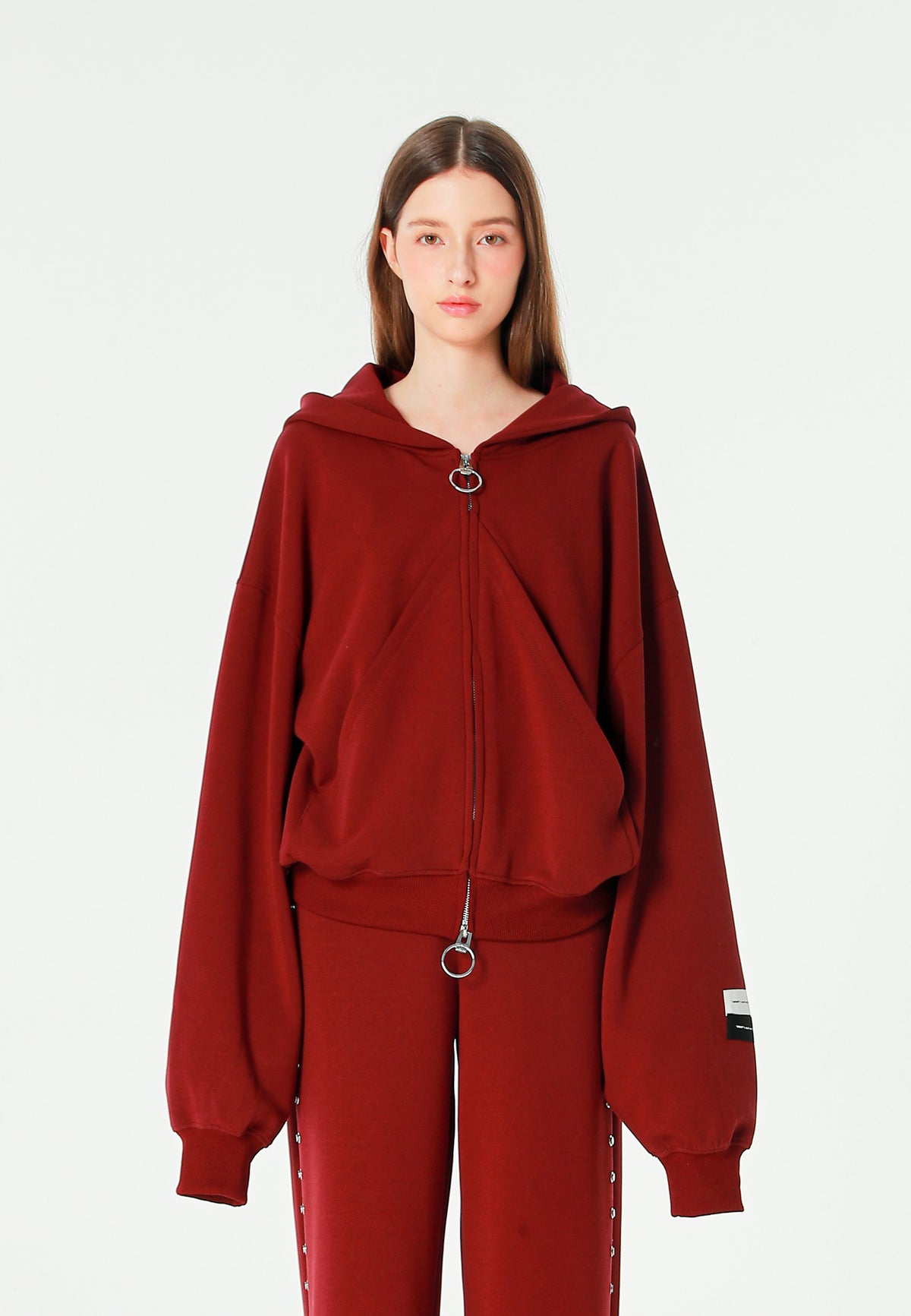 Sudadera con capucha, cremallera frontal y mangas globo | MWM [PS_COLORS:BURGUNDY]