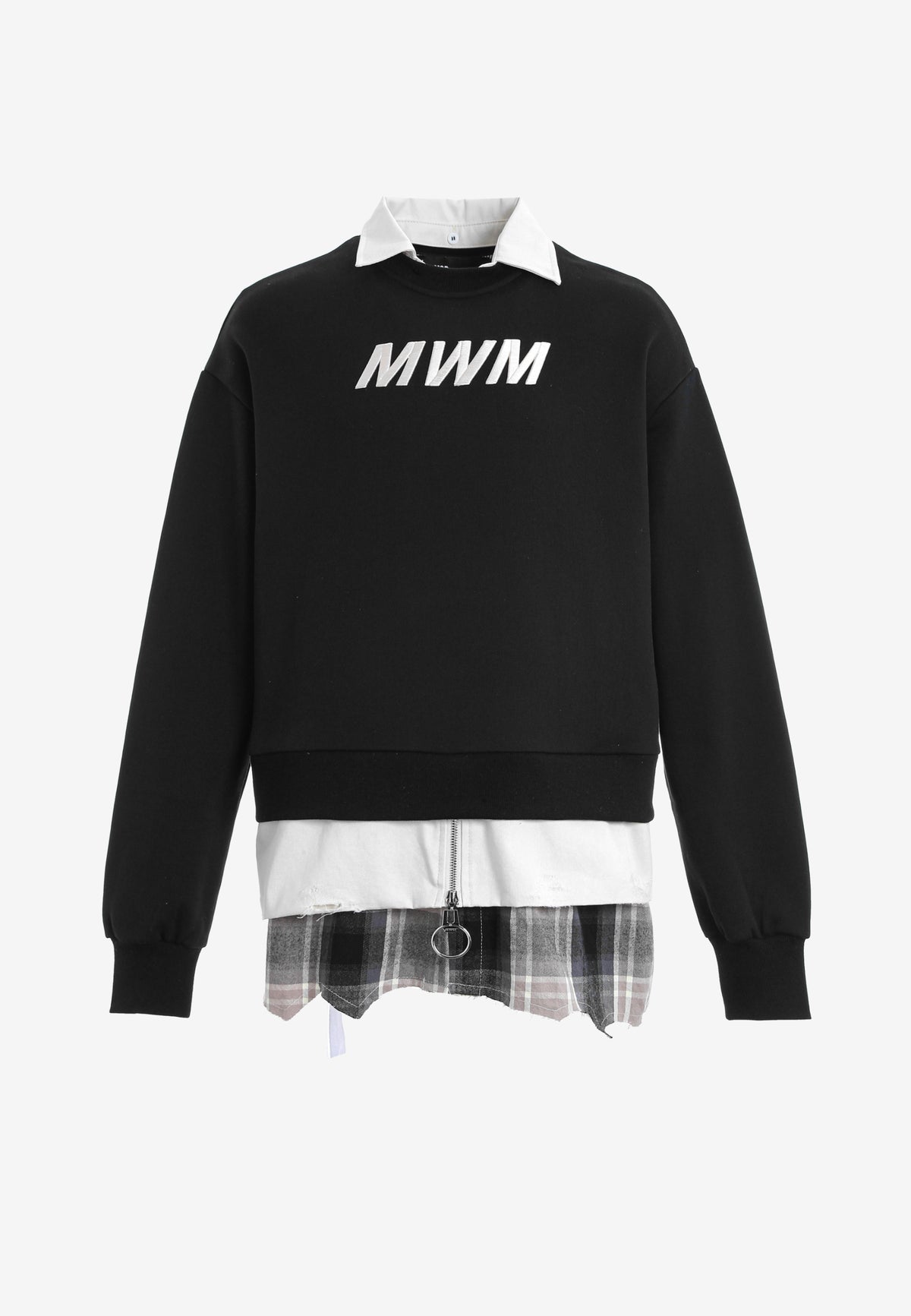 Sudadera multicapa con cuello de camisa extraíble y faldón de canvas y franela | MWM [PS_COLORS:BLACK]
