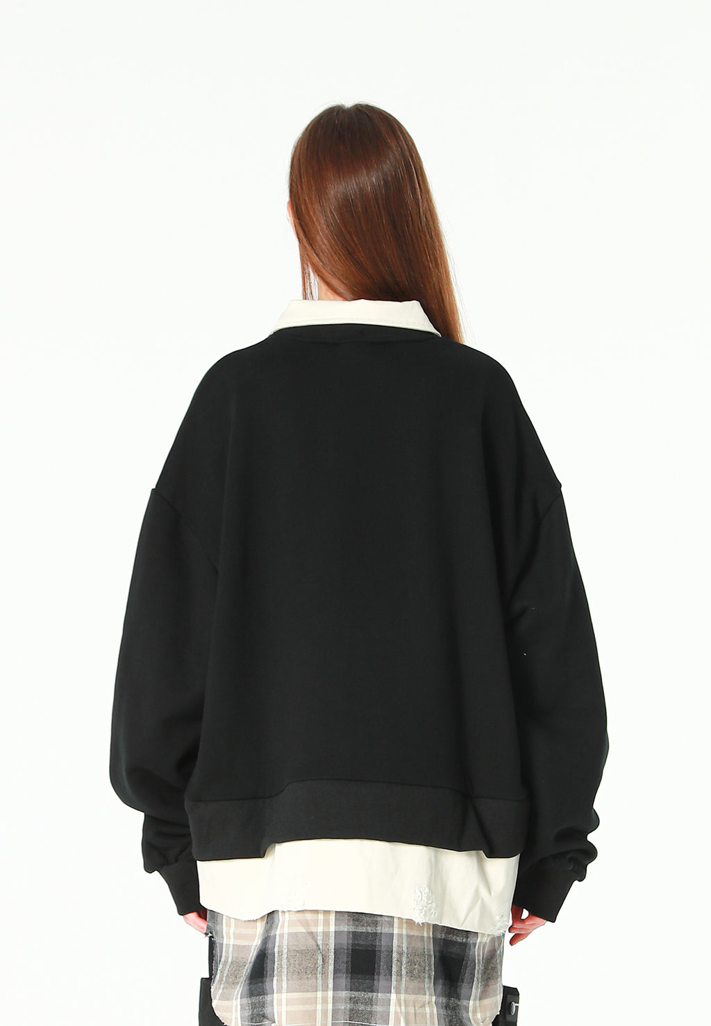 Sudadera multicapa con cuello de camisa extraíble y faldón de canvas y franela | MWM [PS_COLORS:BLACK]