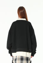 Sudadera multicapa con cuello de camisa extraíble y faldón de canvas y franela | MWM [PS_COLORS:BLACK]