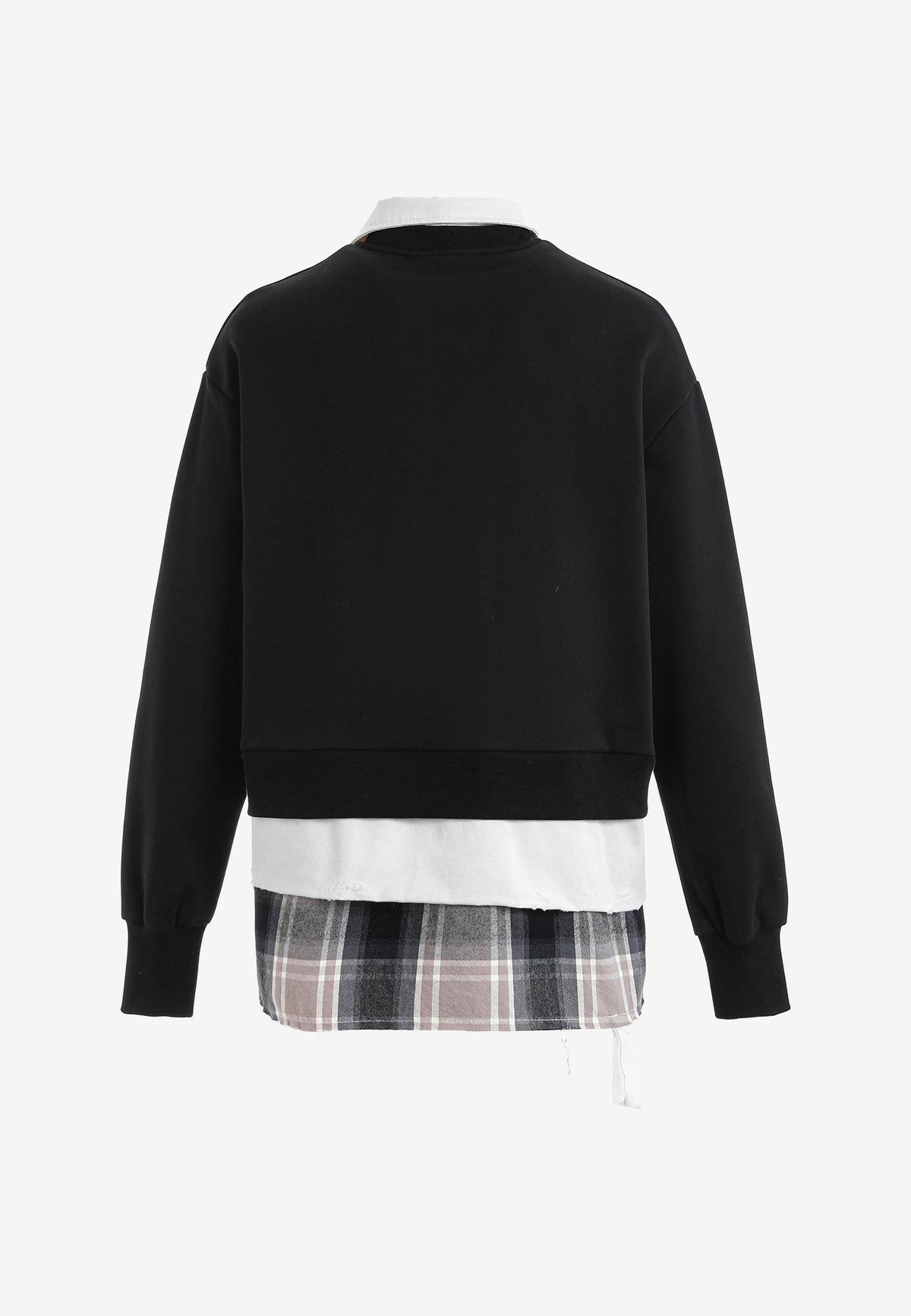 Sudadera multicapa con cuello de camisa extraíble y faldón de canvas y franela | MWM [PS_COLORS:BLACK]