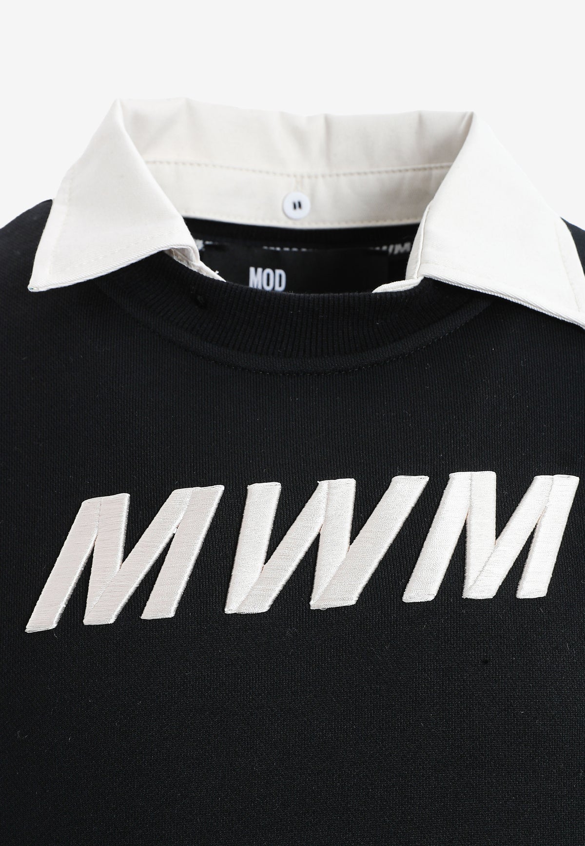 Sudadera multicapa con cuello de camisa extraíble y faldón de canvas y franela | MWM [PS_COLORS:BLACK]