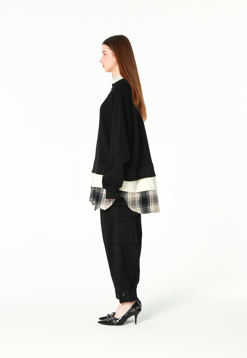 Sudadera multicapa con cuello de camisa extraíble y faldón de canvas y franela | MWM [PS_COLORS:BLACK]
