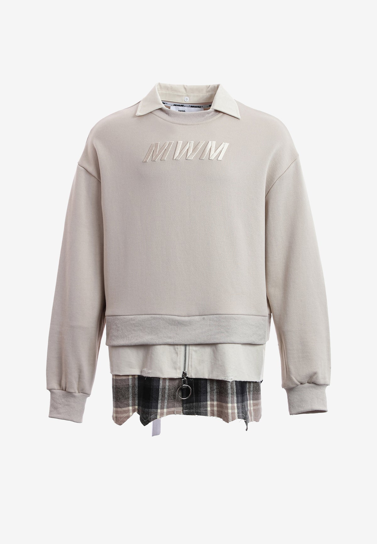 Sudadera multicapa con cuello de camisa extraíble y faldón de canvas y franela | MWM [PS_COLORS:ECRU]