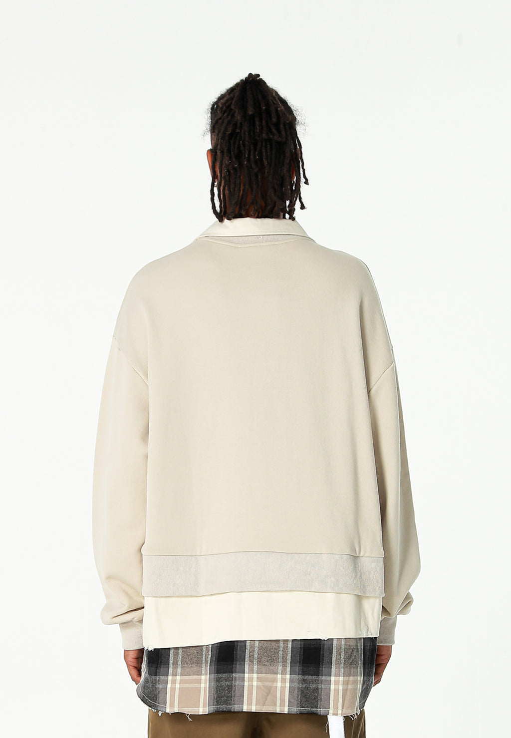 Sudadera multicapa con cuello de camisa extraíble y faldón de canvas y franela | MWM [PS_COLORS:ECRU]