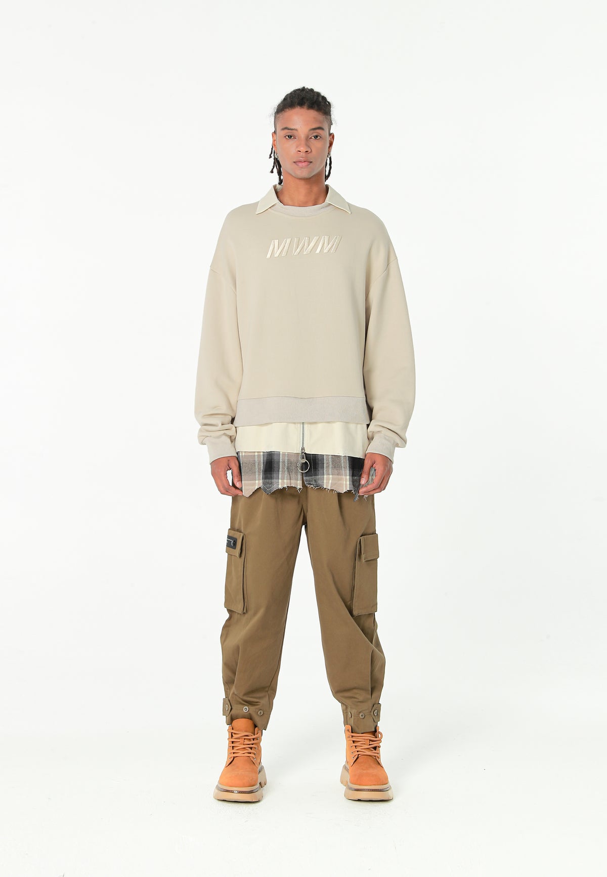 Sudadera multicapa con cuello de camisa extraíble y faldón de canvas y franela | MWM [PS_COLORS:ECRU]