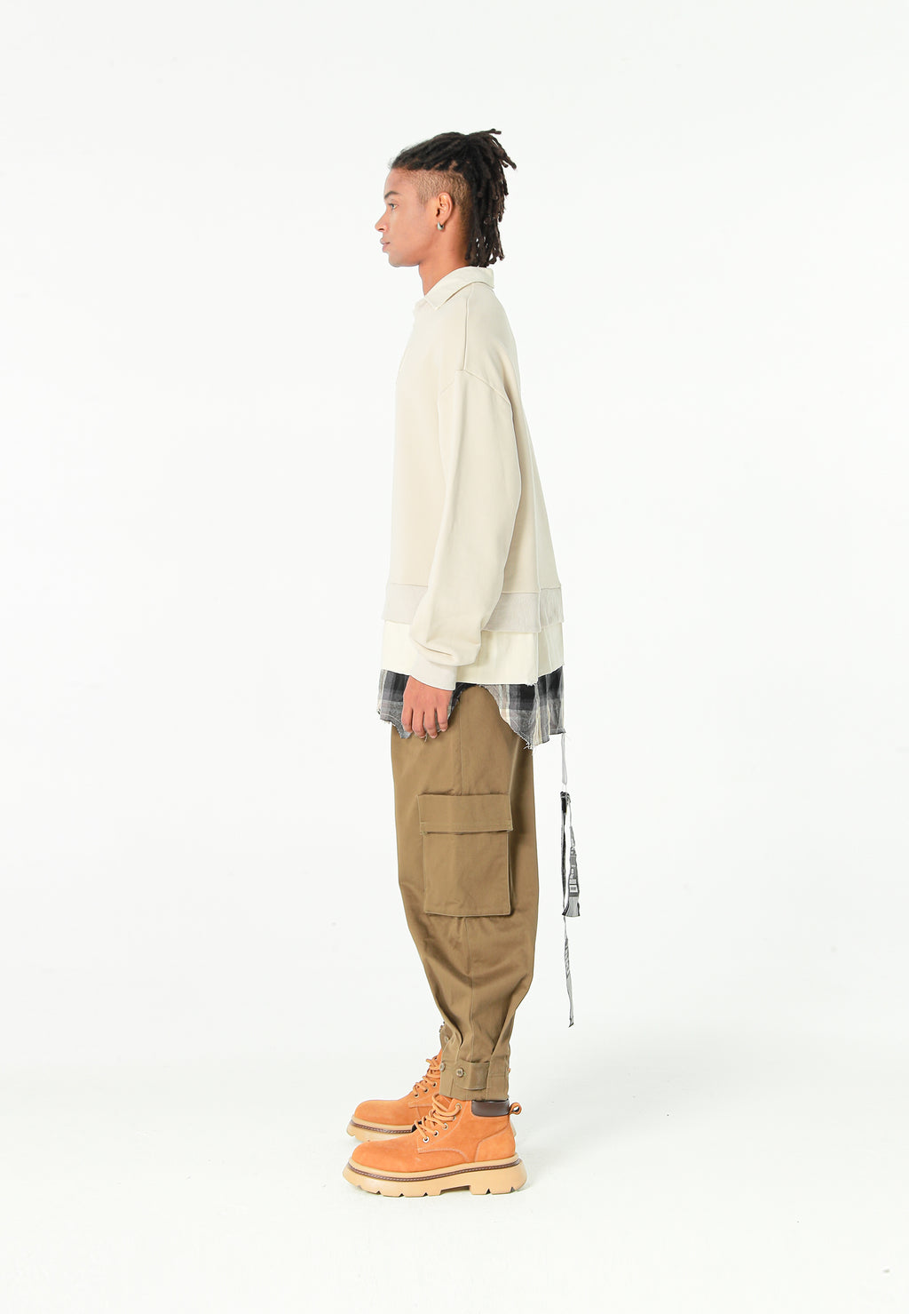 Sudadera multicapa con cuello de camisa extraíble y faldón de canvas y franela | MWM [PS_COLORS:ECRU]