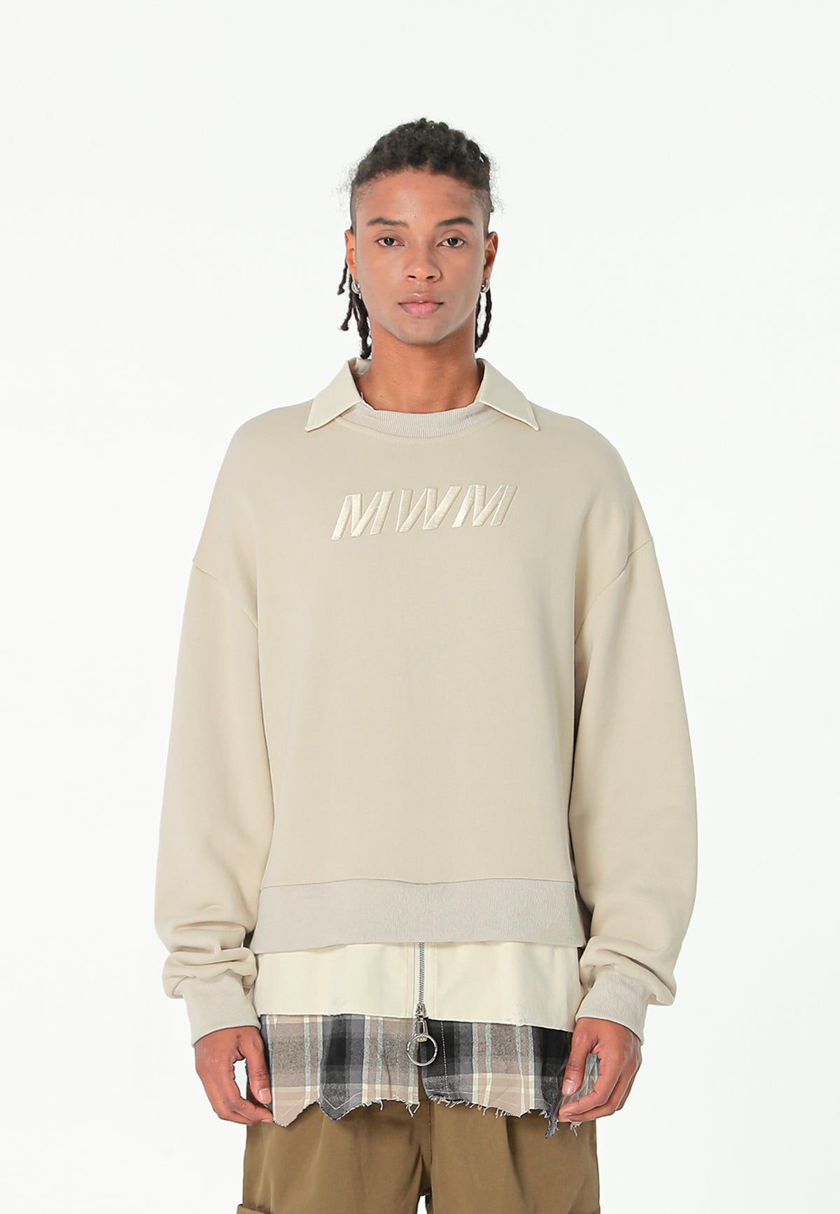 Sudadera multicapa con cuello de camisa extraíble y faldón de canvas y franela | MWM [PS_COLORS:ECRU]