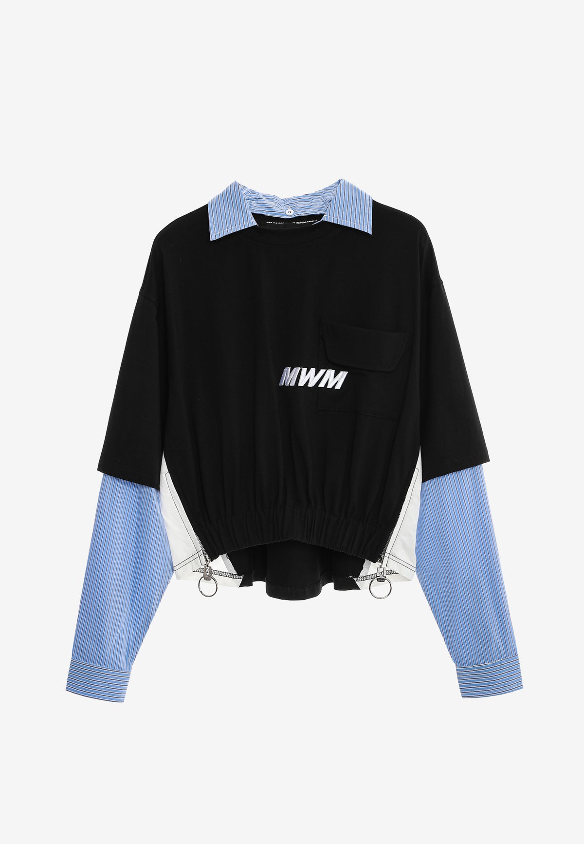 Camiseta de doble capa con cuello de camisa y cremalleras laterales | MWM [PS_COLORS:BLACK]