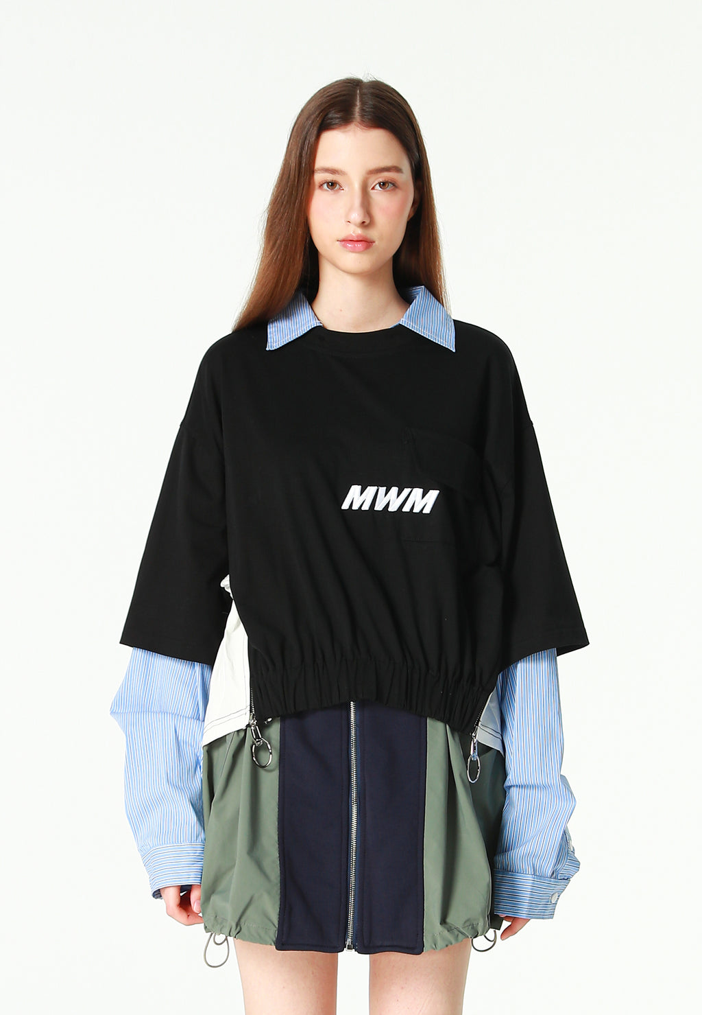 Camiseta de doble capa con cuello de camisa y cremalleras laterales | MWM [PS_COLORS:BLACK]
