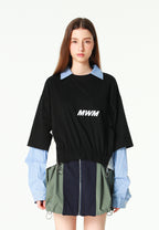 Camiseta de doble capa con cuello de camisa y cremalleras laterales | MWM [PS_COLORS:BLACK]