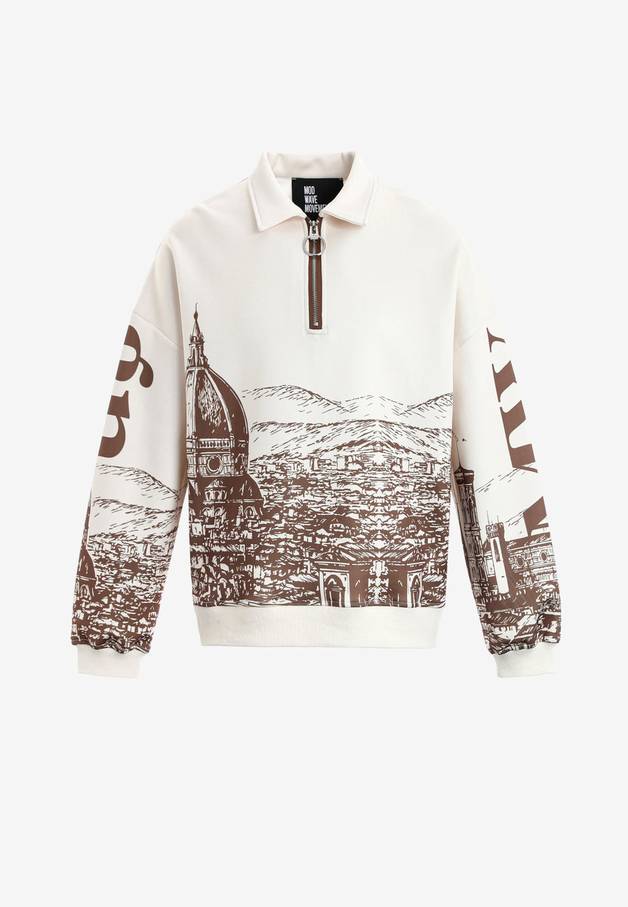 Sudadera polo con paisaje full-print y media cremallera | MWM [PS_COLORS:BROWN]