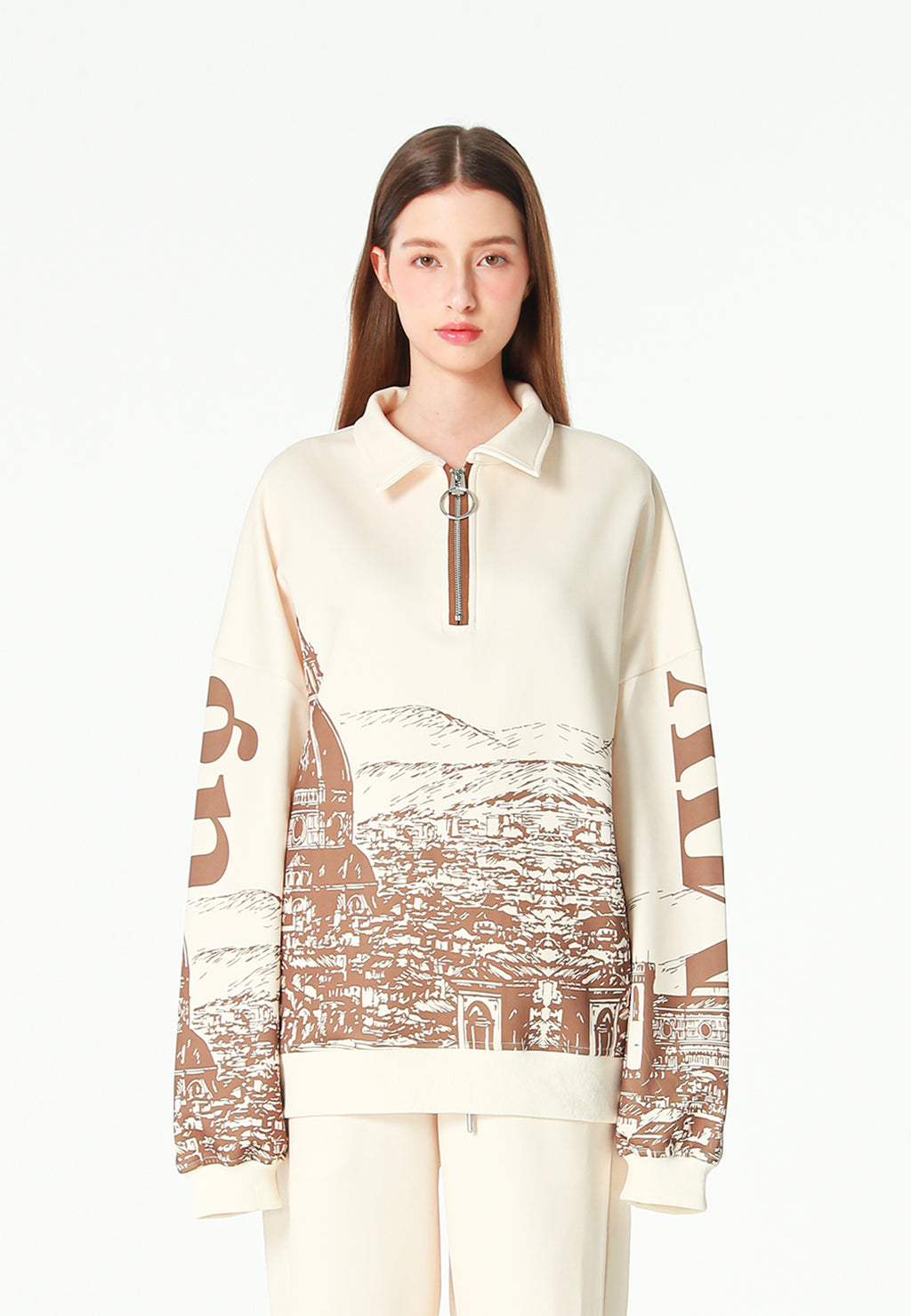 Sudadera polo con paisaje full-print y media cremallera | MWM [PS_COLORS:BROWN]