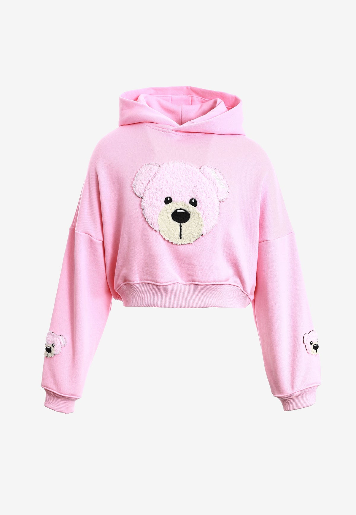 Sudadera corta con capucha de mujer TEDDY Mike Bag con gran parche frontal y detalles en mangas | MWM [PS_COLORS:PINK]
