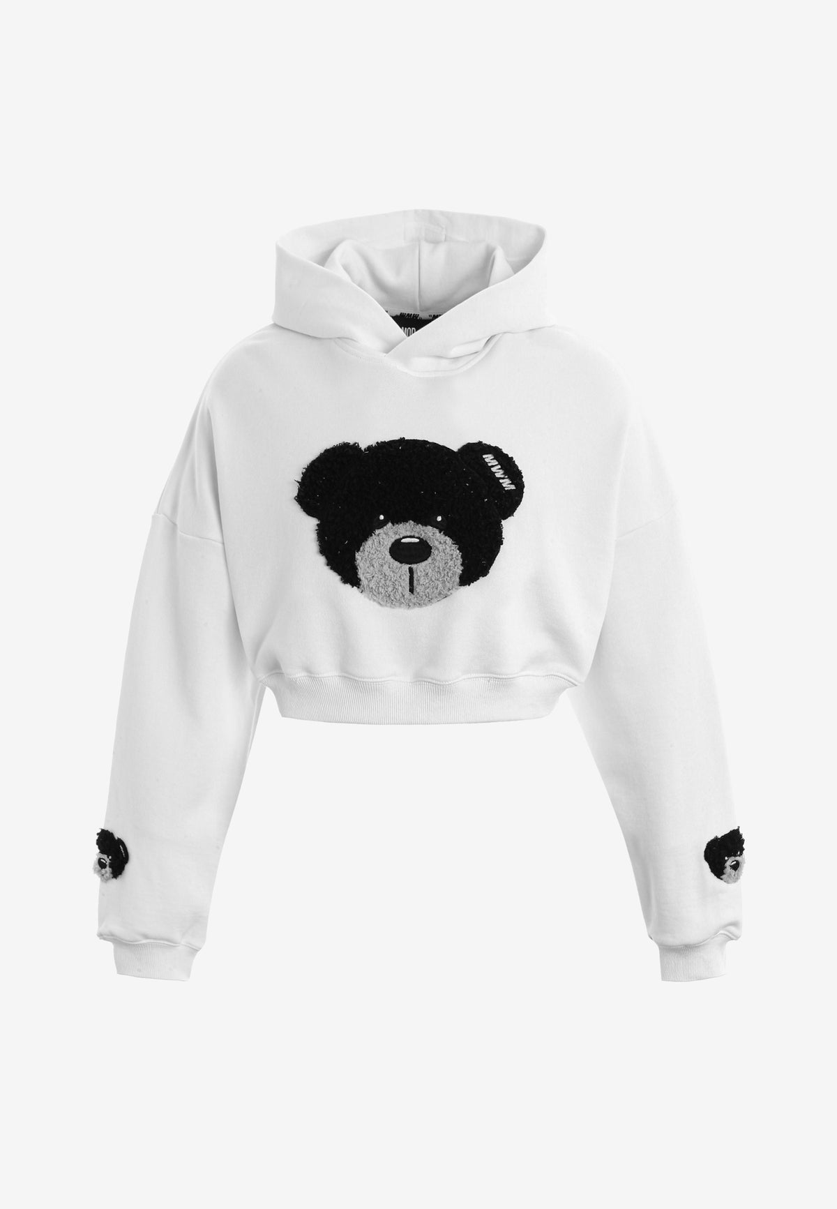 Sudadera corta con capucha de mujer TEDDY Mike Bag con gran parche frontal y detalles en mangas | MWM [PS_COLORS:WHITE]