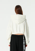 Sudadera corta con capucha de mujer TEDDY Mike Bag con gran parche frontal y detalles en mangas | MWM [PS_COLORS:WHITE]