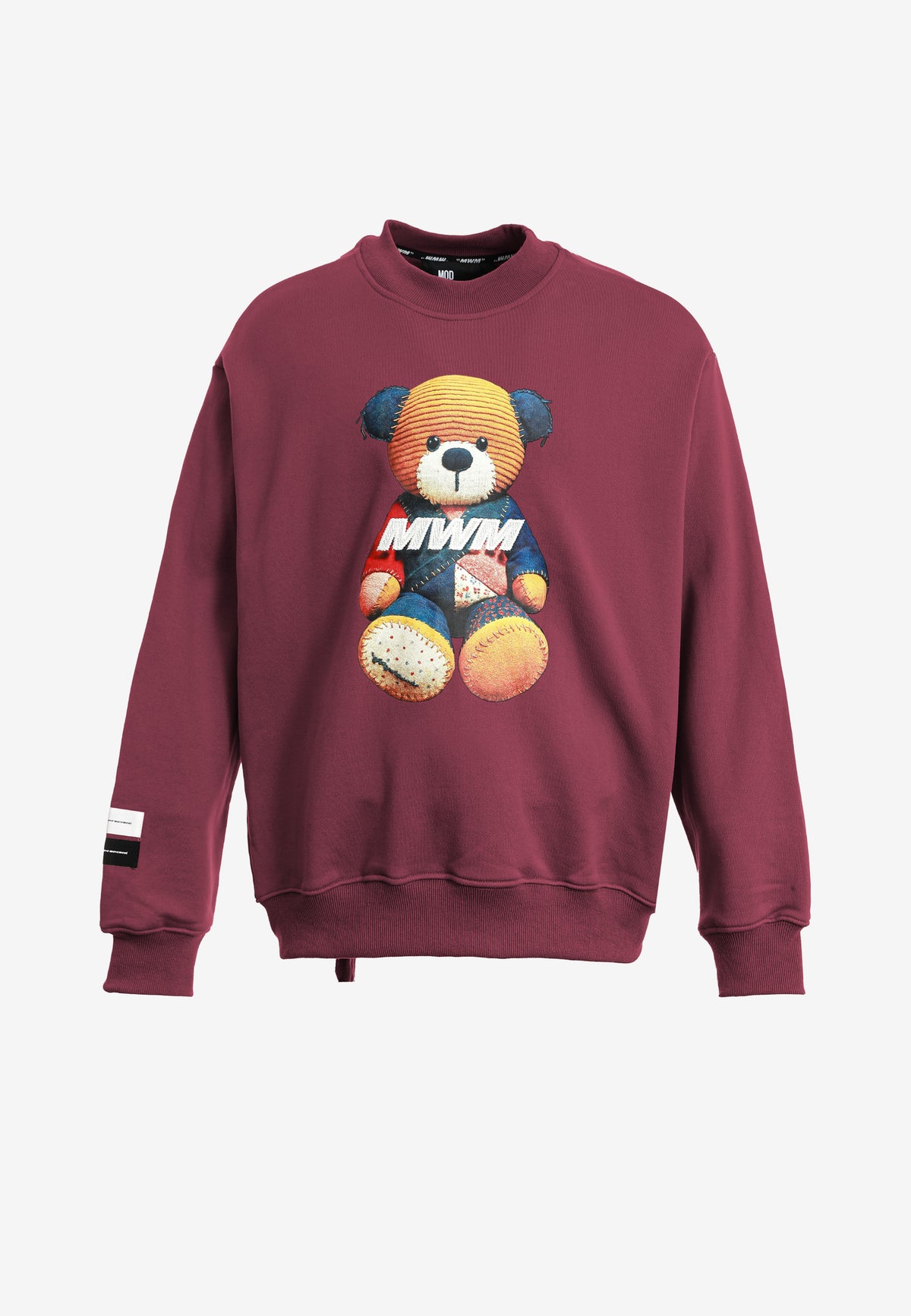 Sudadera TEDDY de corte relajado con print patchwork 3D en el frontal | MWM [PS_COLORS:BURGUNDY]