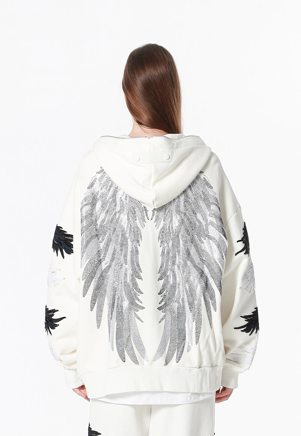 Sudadera con capucha Wings de corte relajado con Mini Wings en mangas y alas de strass en la espalda | MWM [PS_COLORS:WHITE]