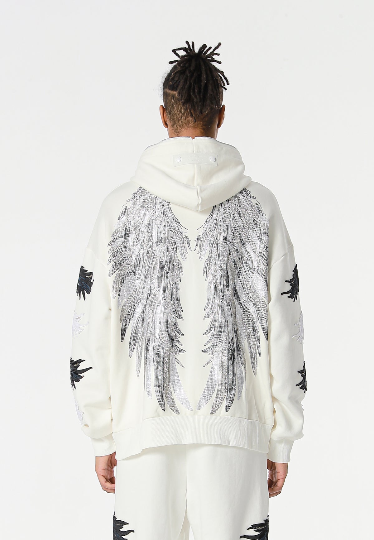 Sudadera con capucha Wings de corte relajado con Mini Wings en mangas y alas de strass en la espalda | MWM [PS_COLORS:WHITE]