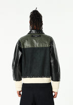 Chaqueta bomber de corte regular efecto piel con tachuelas metálicas y puños dobles | MWM [PS_COLORS:GREEN/BLAC]