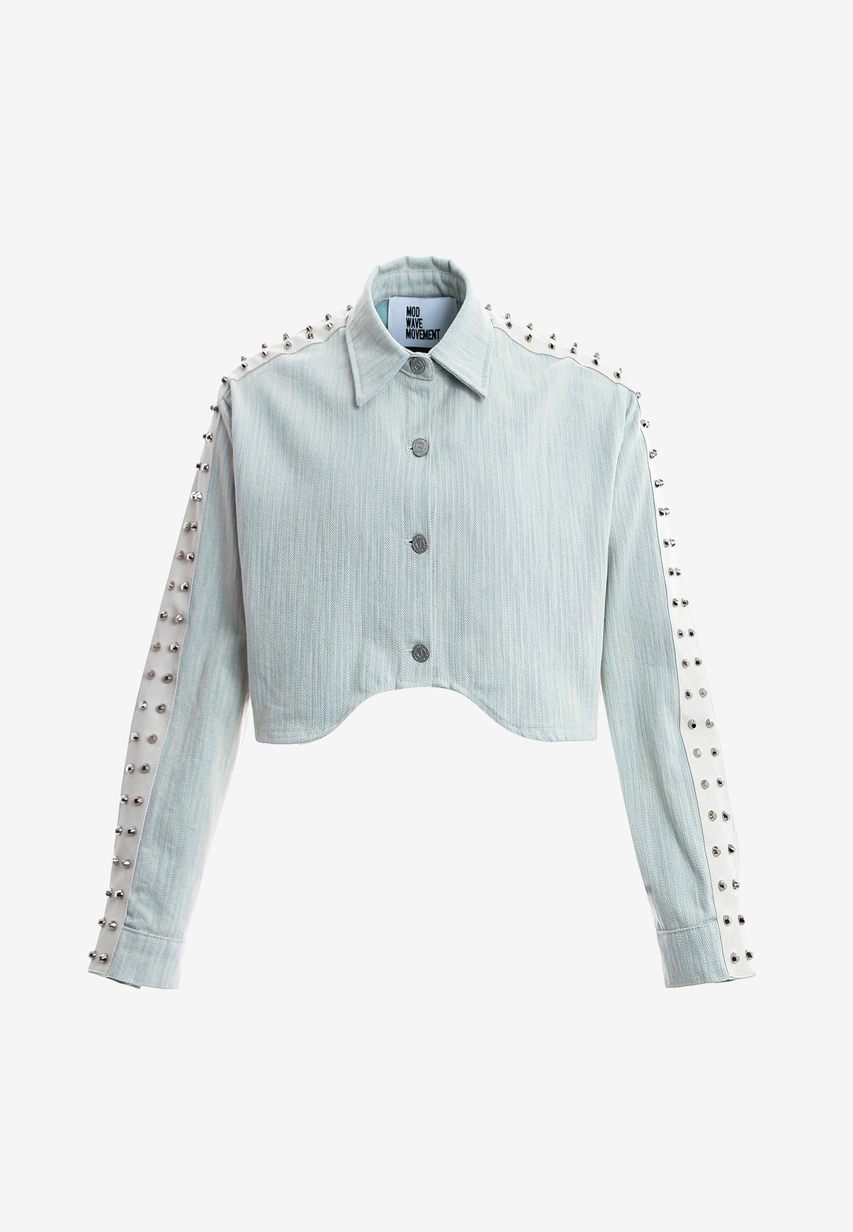 Camisa vaquera de mujer con franjas efecto piel, tachuelas y bajo asimétrico | MWM [PS_COLORS:ECRU-BLUE]