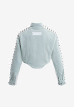 Camisa vaquera de mujer con franjas efecto piel, tachuelas y bajo asimétrico | MWM [PS_COLORS:ECRU-BLUE]