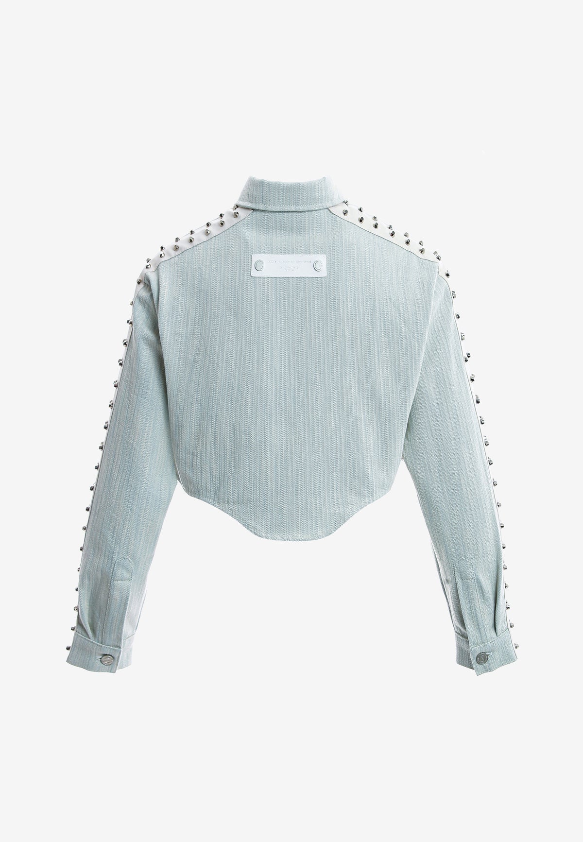 Camisa vaquera de mujer con franjas efecto piel, tachuelas y bajo asimétrico | MWM [PS_COLORS:ECRU-BLUE]
