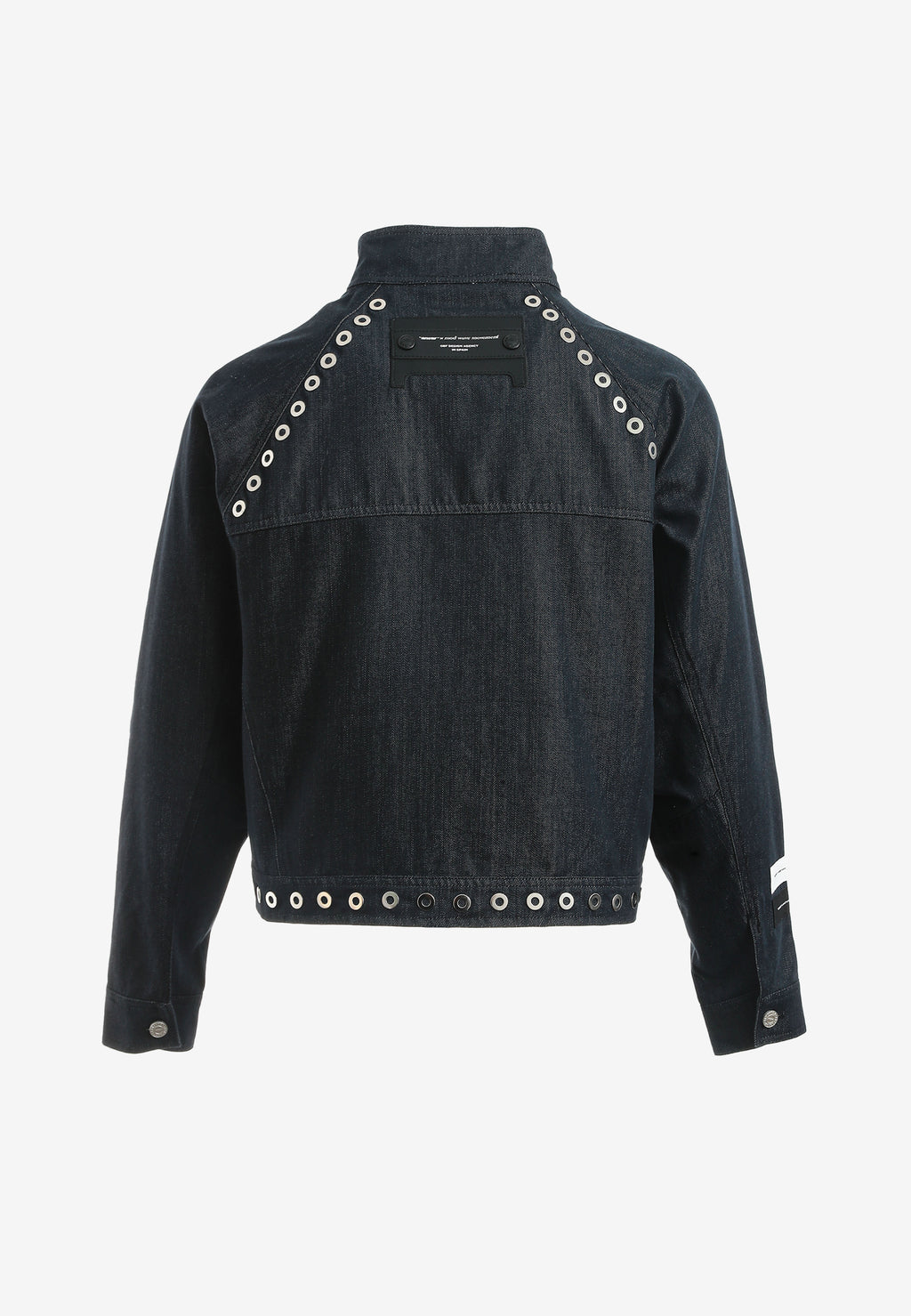 Chaqueta vaquera corta de corte regular con paneles asimétricos y tachuelas caladas | MWM [PS_COLORS:BLUE]