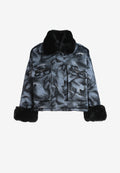 Chaqueta de mujer jacquard de chenilla con brillo, cuello y puños de pelo | MWM [PS_COLORS:BLACK]