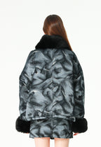 Chaqueta de mujer jacquard de chenilla con brillo, cuello y puños de pelo | MWM [PS_COLORS:BLACK]