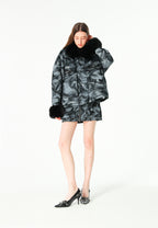 Chaqueta de mujer jacquard de chenilla con brillo, cuello y puños de pelo | MWM [PS_COLORS:BLACK]