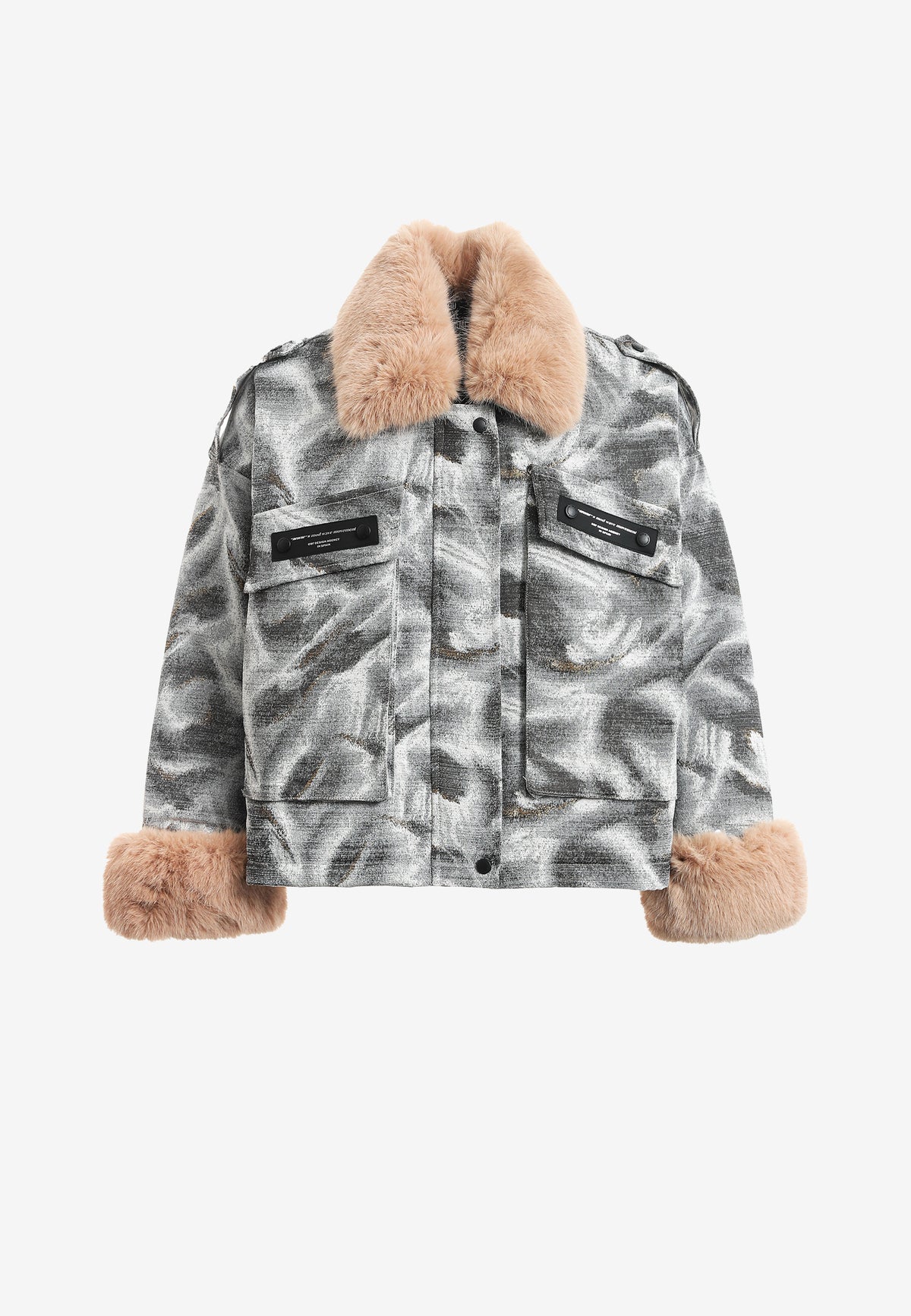 Chaqueta de mujer jacquard de chenilla con brillo, cuello y puños de pelo | MWM [PS_COLORS:GREY]